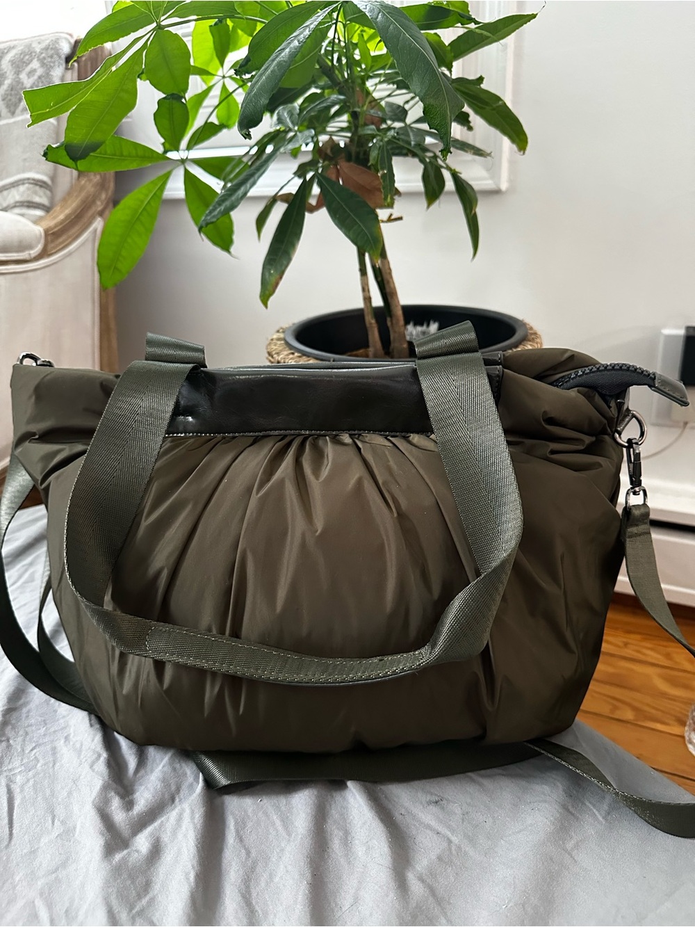 Cejon Olive Nylon Gathered Tote with Removable Strap